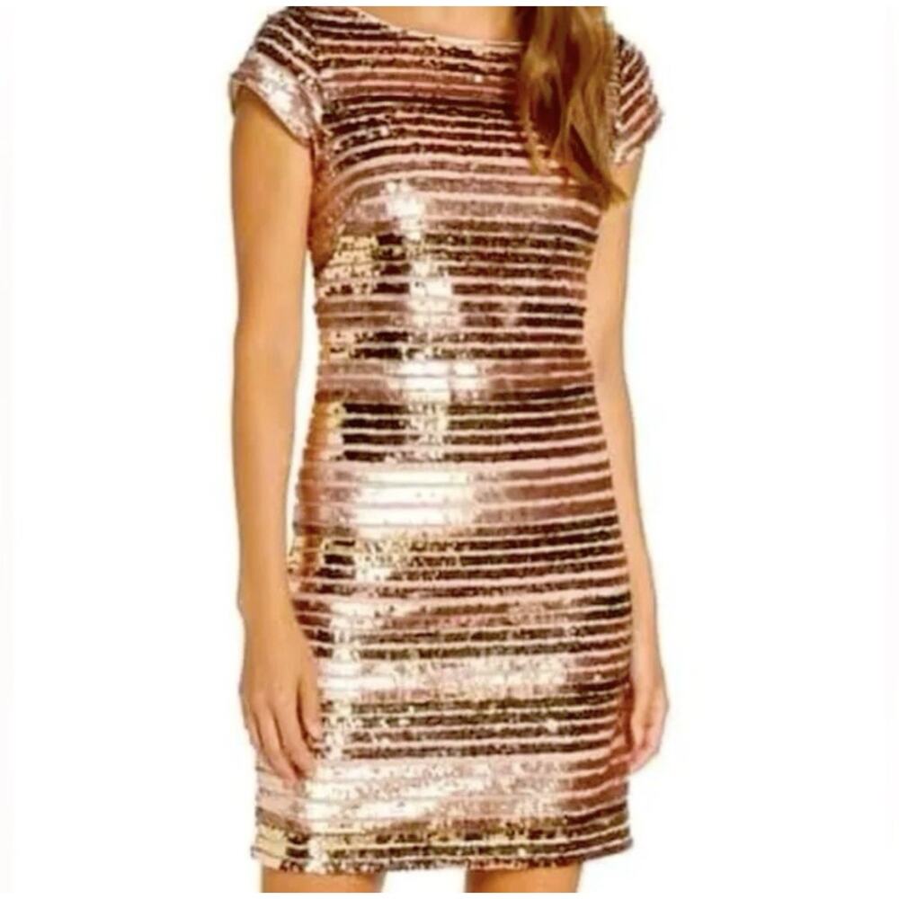 Eliza J Cap Sleeve Rose Gold Holiday Sequin Mini Dress Striped Sz 0‎ Night Out
